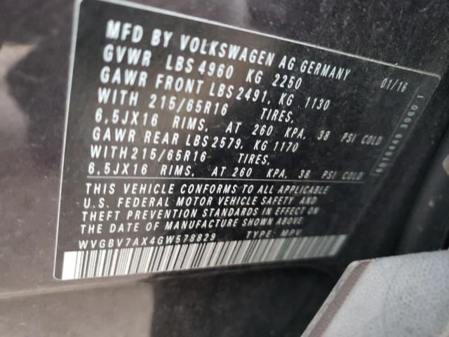 WVGBV7AX4GW578829 Volkswagen TIGUAN S