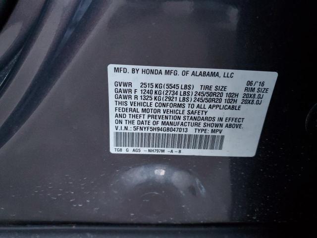 5FNYF5H94GB047013 Honda Pilot Touring