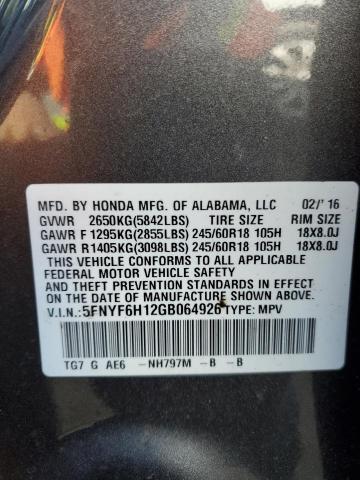 5FNYF6H12GB064926 Honda PILOT LX