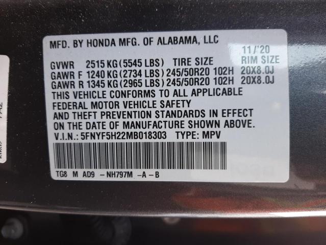 5FNYF5H22MB018303 Honda PILOT SE