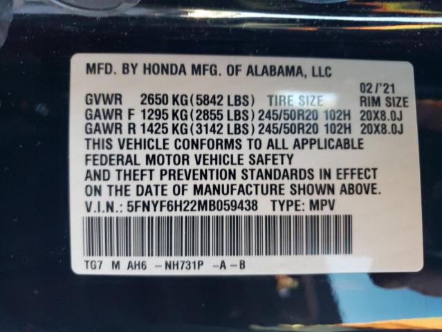 5FNYF6H22MB059438 Honda PILOT SE