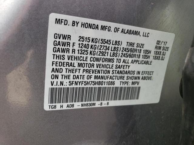5FNYF5H75HB011086 Honda PILOT EXLN