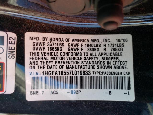 Auction sale of the 2007 Honda Civic Lx , vin: 1HGFA16557L019833, lot number: 175832683