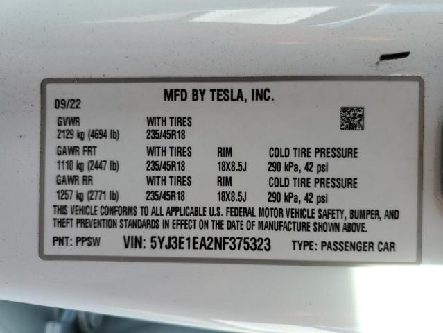 5YJ3E1EA2NF375323 Tesla MODEL 3