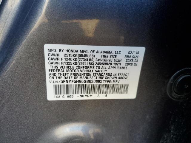 5FNYF5H96GB030892 Honda Pilot Touring