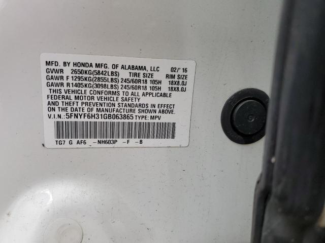 5FNYF6H31GB063865 Honda Pilot Ex