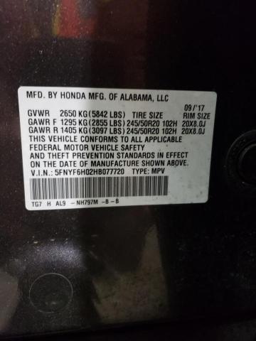5FNYF6H02HB077720 Honda Pilot Elite