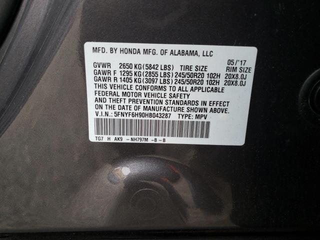 5FNYF6H90HB043287 Honda Pilot Touring