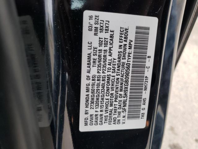 5FNRL5H9XGB090560 Honda Odyssey Touring