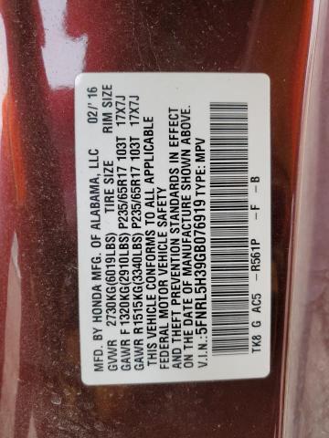 5FNRL5H39GB076919 Honda ODYSSEY SE