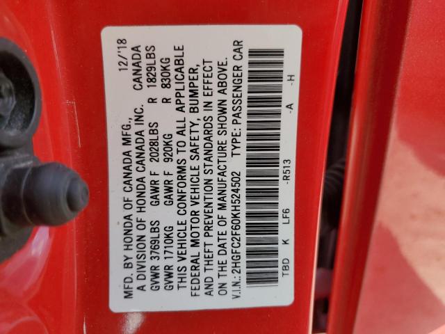 2HGFC2F60KH524502 Honda Civic Lx