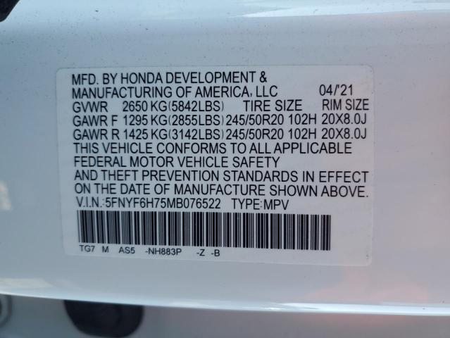 5FNYF6H75MB076522 Honda Pilot Black