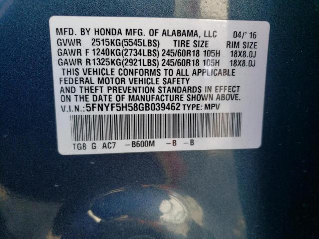 5FNYF5H58GB039462 Honda PILOT EXL