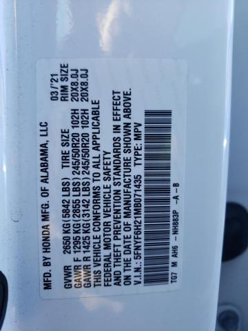 5FNYF6H21MB071435 Honda PILOT SE