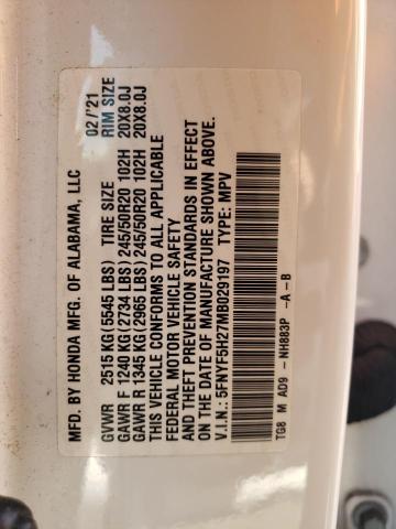 5FNYF5H27MB029197 Honda PILOT SE