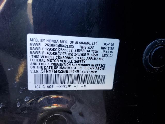 5FNYF6H53GB091491 Honda PILOT EXL
