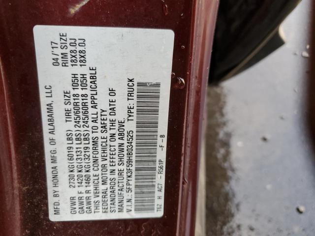 5FPYK3F59HB034525 Honda Ridgeline Rtl