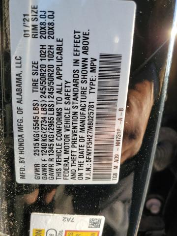 5FNYF5H27MB025781 Honda PILOT SE