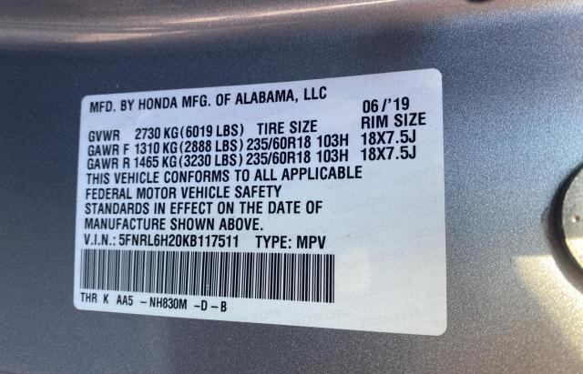 5FNRL6H20KB117511 Honda ODYSSEY LX