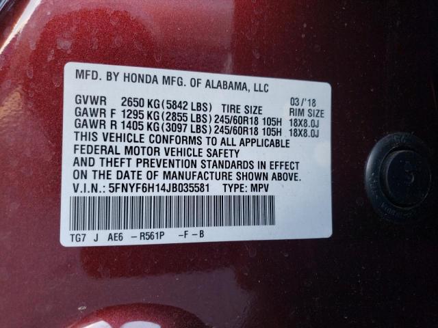 5FNYF6H14JB035581 Honda PILOT LX