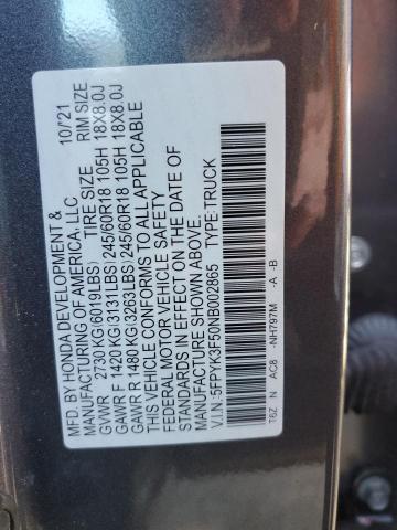 5FPYK3F50NB002865 Honda Ridgeline Rtl